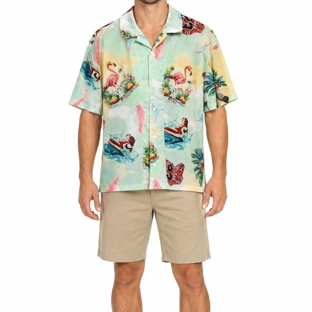 Jordan Brand Mesh Button Up Shirt Mens XL Multicolor Tropical Flamingo Casual
